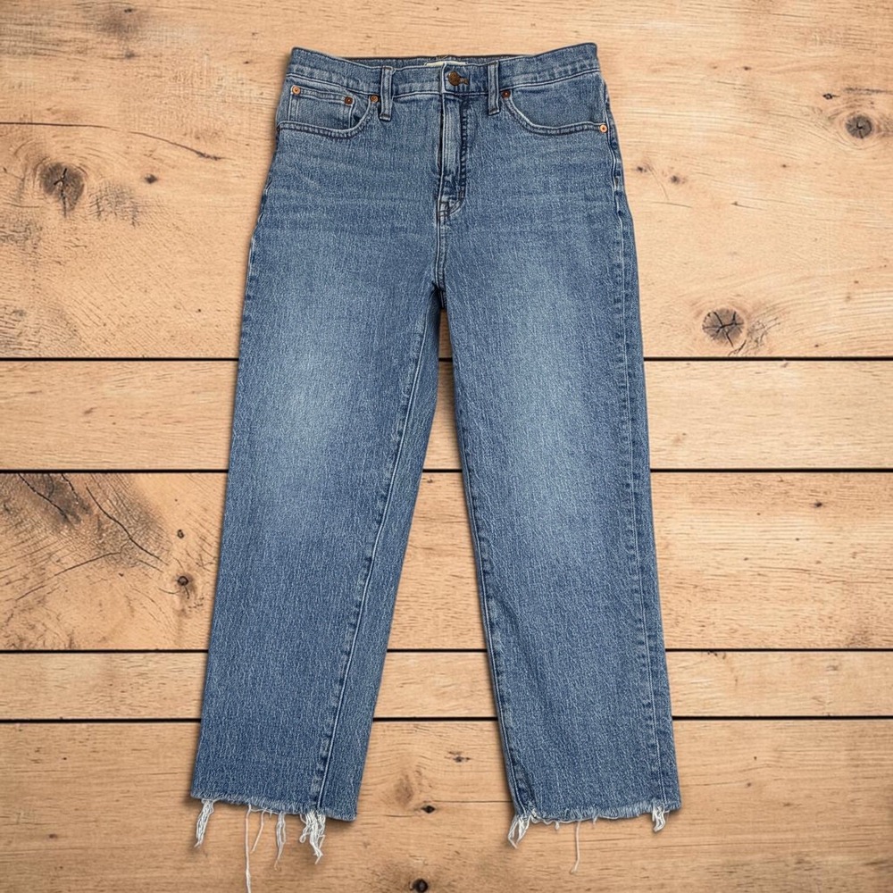 Madewell Jeans Women 29 Blue Classic Straight Cropped Raw Hem Stretch High Rise